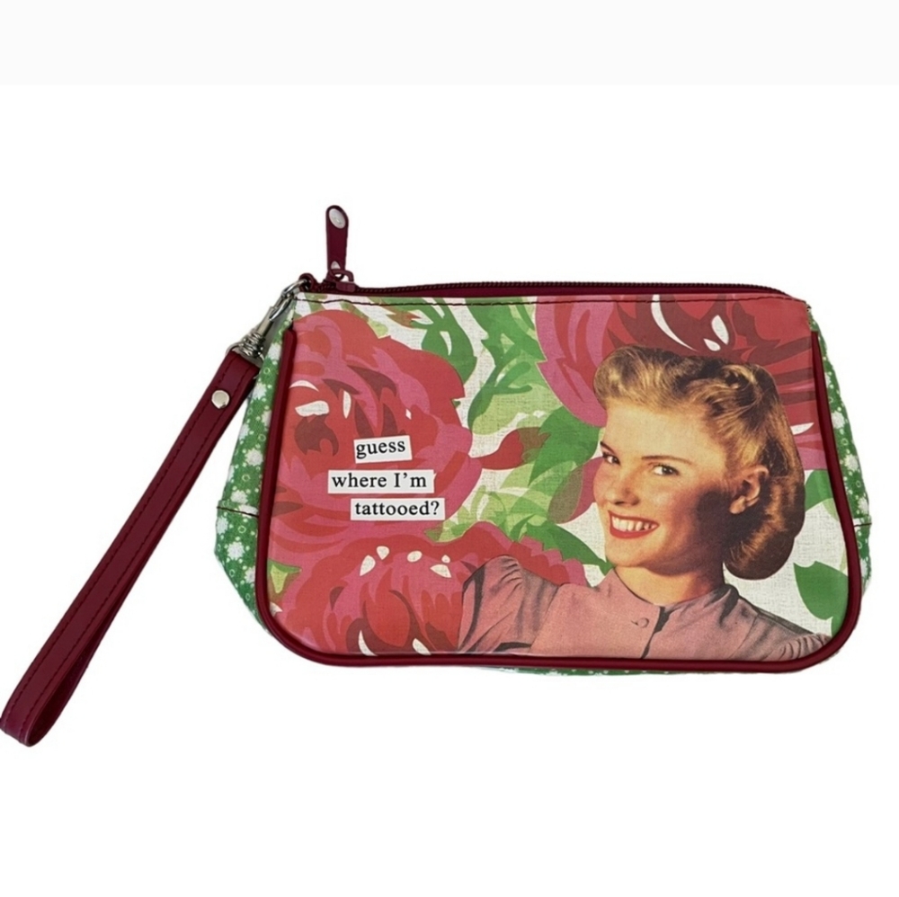 Vintage Retro Anne Taintor Tattoo Floral Clutch Wristlet Cosmetic Bag